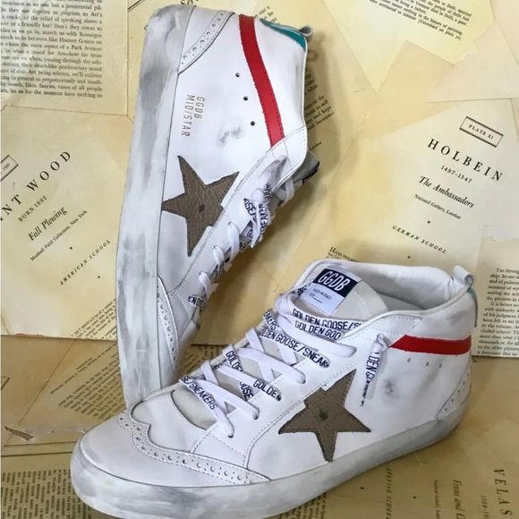 Golden Goose Mid Star White Leather Khaki Star Blue Red Logo Lace - Picture 7 of 9